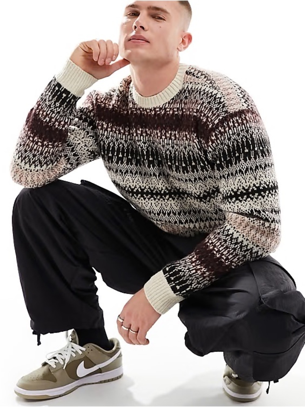 Hollister Fair Isle Nordic Crewneck Sweater Burgundy Cream Black Men’s M